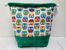 Load image into Gallery viewer, Draw String Project Bag Large - Green Owls