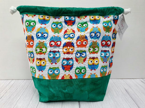 Draw String Project Bag Large - Green Owls