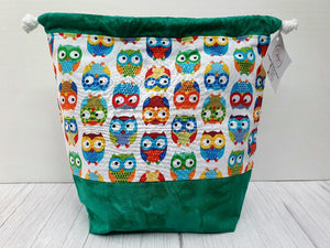 Draw String Project Bag Large - Green Owls