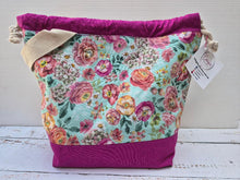 Load image into Gallery viewer, Draw String Project Bag with Handle &amp; Pockets Large - Pink Ranunculus