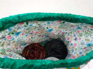 Draw String Project Bag Large - Green Owls