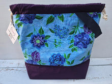 Load image into Gallery viewer, Draw String Project Bag with Handle &amp; Pockets Large - Blue Flowers