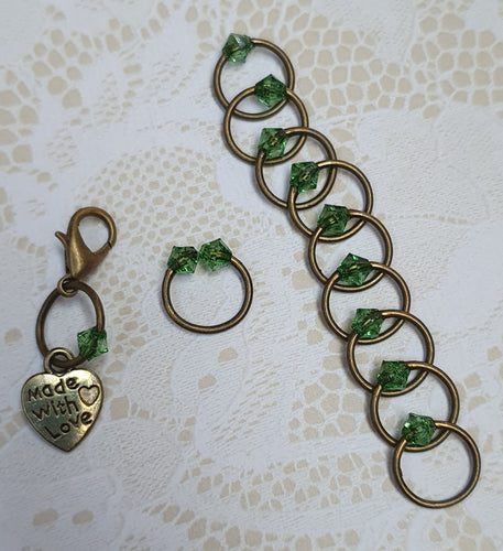 Stitch Marker Set 'Green' Goldtone, Silvertone or Bronzetone